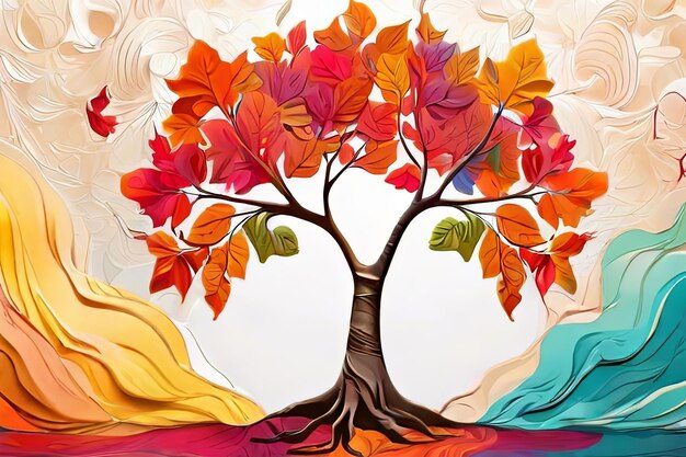 Ebru style colorful tree with leaves on hanging branches illustration background Generative AI