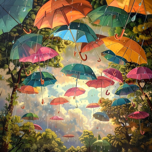 An eccentric scene of umbrellas pouring from the sky