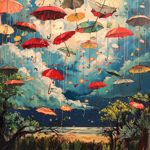 An eccentric scene of umbrellas pouring from the sky