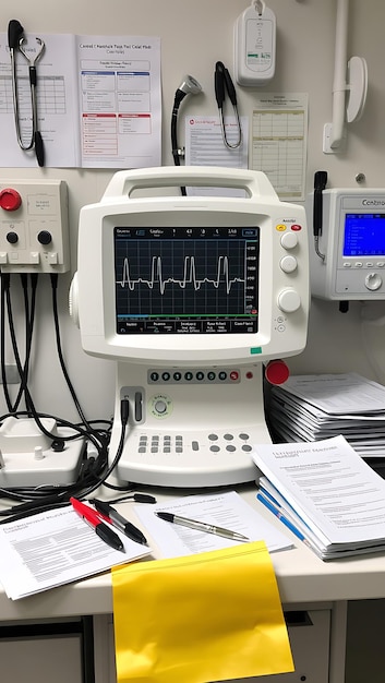 Photo ecg machine surrounded by medical tools and records