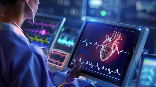 Photo an ecg monitor displaying heart rhythms with electrodes attached to a patients chest a doctor analyzing the data and a detailed view of the machine interface showcasing the critical role of