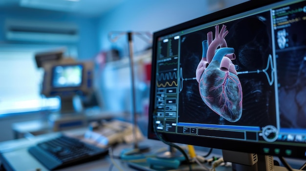 An echocardiography image capturing the detailed structures and movements of the heart showcasing the chambers and valves with high clarity set in a cardiovascular diagnostic room