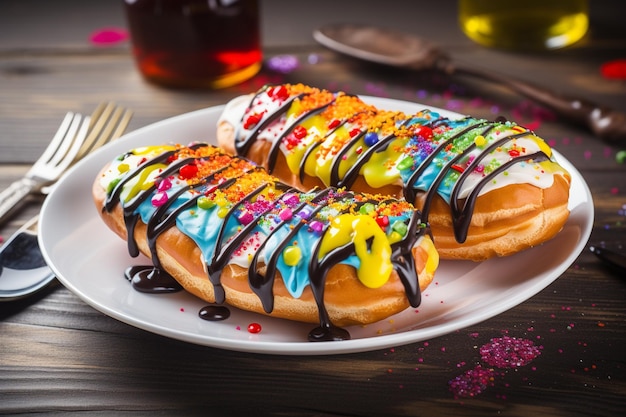 Eclairs with colorful syrups in a white plate