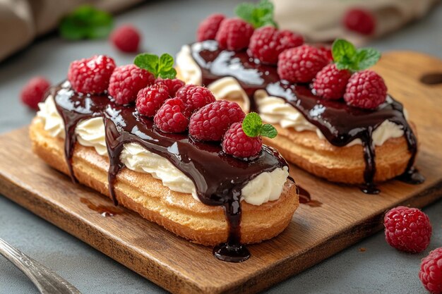 Eclairs with fruit sauces on the top served on a wooden board