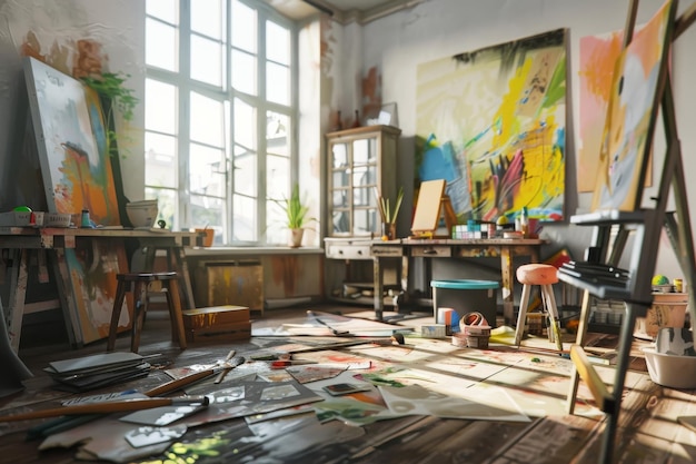 An eclectic art studio filled with vibrant paintings and creative clutter captured in warm natural light exuding artistic energy and inspiration