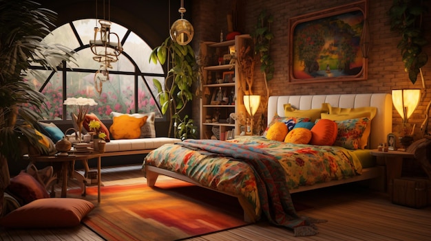 Eclectic or bohemian interior design of a modern bedroom