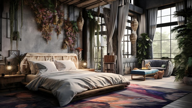 Eclectic or bohemian interior design of a modern bedroom