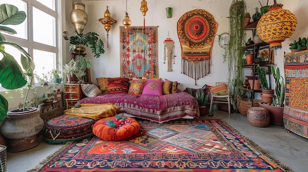 Eclectic bohemian studio with colorful textiles mismatched furniture