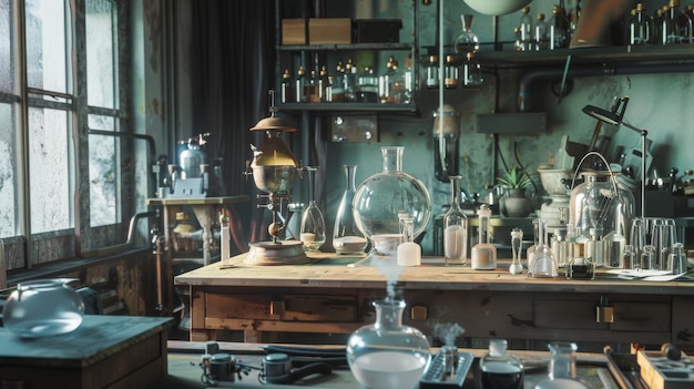 Photo an eclectic chemistry lab filled with various glassware flasks and scientific equipment bathed in warm sunlight streaming through large windows