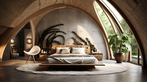 eclectic interior design of modern bedroom with arch