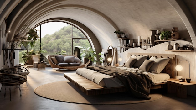 eclectic interior design of modern bedroom with arch