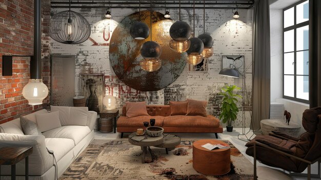 Photo an eclectic lighting living room with a mix of modern vintage and industrial light fixtures comfortable seating bold decor elements and a unique combination of textures and styles