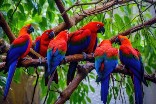 Eclectus parrots displaying their vibrant colors in a tree created with generative ai