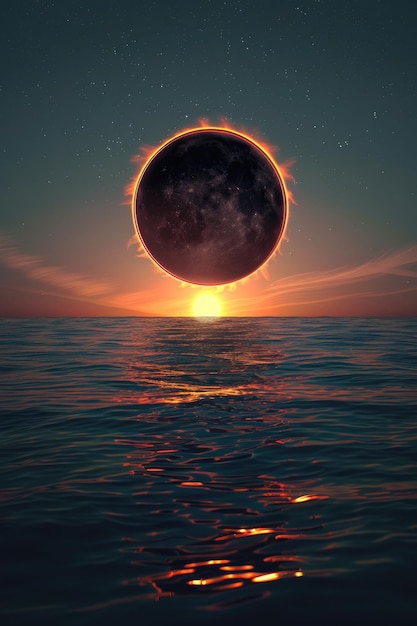 Eclipse Night Scene Full Solar Eclipse with Ocean View Digital Art