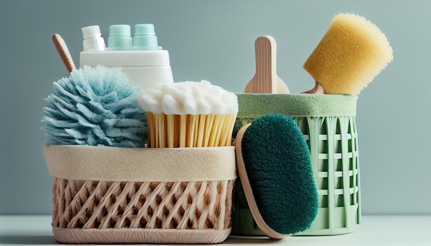 Eco brushes sponges and rag in cleaning basket Generate Ai