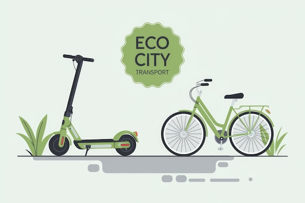 Photo eco city transport electric scooter and bicycle on green pathway