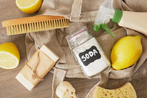 Eco cleaning set on table jar of soda lemon and natural nontoxic cleaners zero waste lifestyle