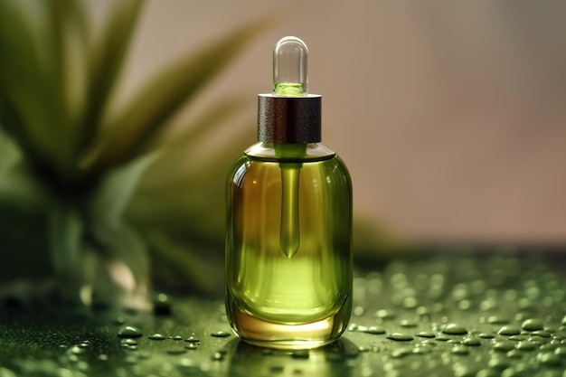 Eco cosmetics natural beauty product herbal cosmetology Closeup of a bottle of cosmetic serum oil for daily care green leaves and water drops Generative AI