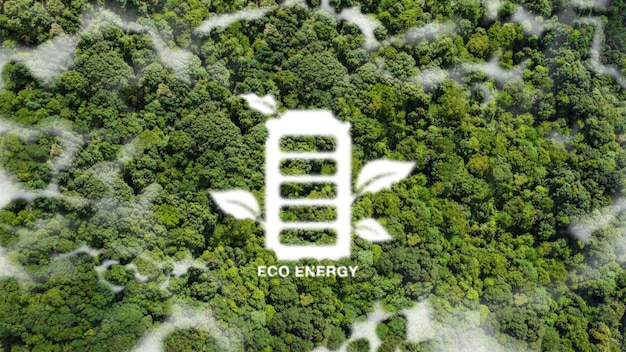 Photo the eco energy concept for the development of ecobattery technologies and energy storage in green and natural environments electric energy symbol cloud in the shape of green eco energy