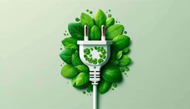 Photo eco energy concept with green leaves forming an electric plug on a soft green backgroundxa