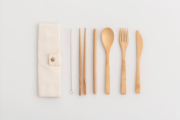 Eco friendly bamboo cutlery set. Zero waste, recycling and plastic free concept.