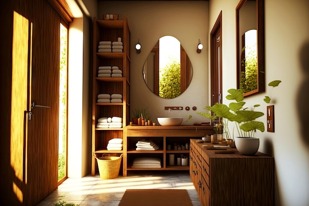 Eco friendly bathroom with wooden furniture and natural fabrics