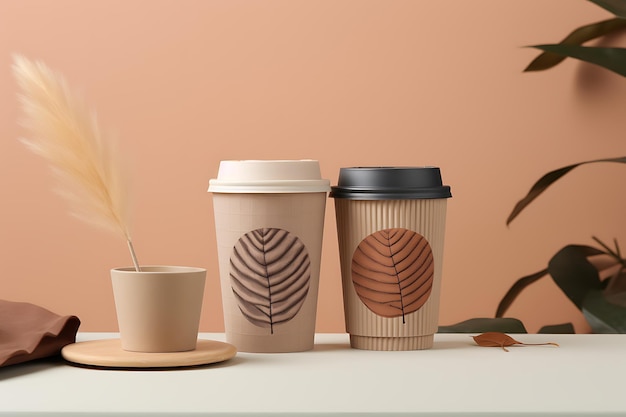 Eco friendly brown cups and leaves