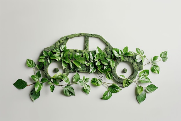 Photo eco friendly car design made from green leaves and foliage on a light background symbolizing