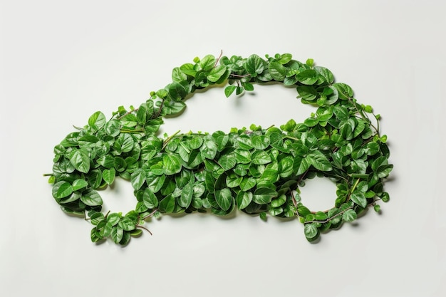 Eco friendly car outline made of green leaves on a light background symbolizing sustainability