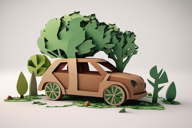 Eco friendly car paper cut style Renewable and sustainable energy concept Generative AI