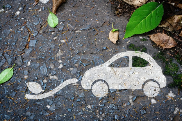 Eco friendly car symbol on a textured asphalt background with scattered leaves