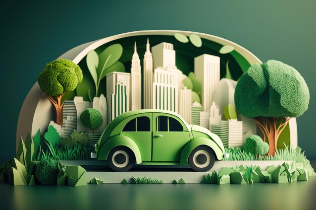 Eco friendly car with cityscape paper cut style Renewable and sustainable energy Generative AI