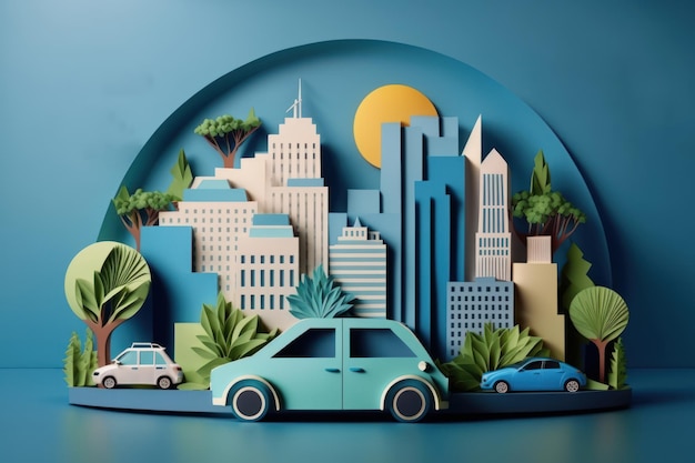 Eco friendly car with cityscape paper cut style Renewable and sustainable energy Generative AI