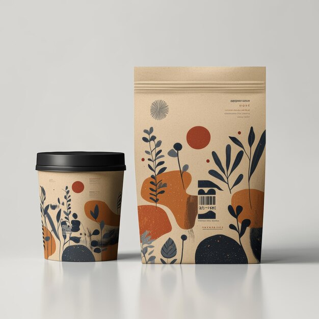 Photo eco friendly coffee packaging mockup with abstract floral design