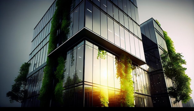 Eco friendly construction in a contemporary metropolis A sustainable glass building with green tree