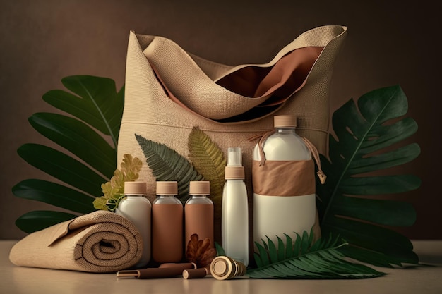 Eco friendly cotton reusable bag with various tubes and bottles made of brown glass and natural wood natural leaves that are new Concept for waste free organic cosmetics