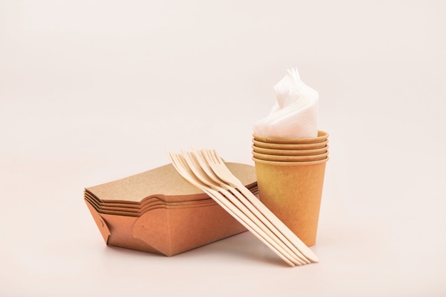 Eco-friendly disposable utensils made of bamboo wood and paper