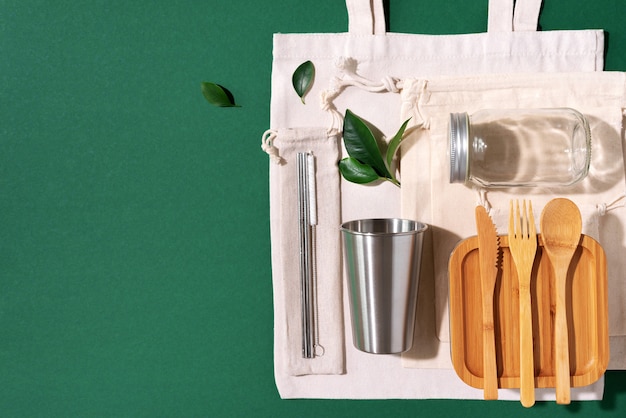 Eco friendly kitchen utensils and canvas shopping bag