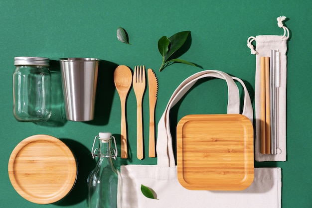 Eco friendly kitchen utensils and canvas shopping bag