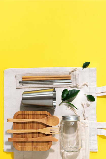 Eco friendly kitchen utensils and canvas shopping bag