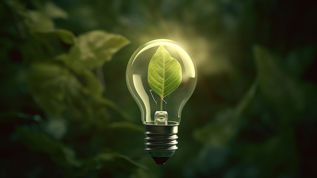 Eco friendly lightbulb from fresh leaves top Generative AI