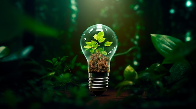 Eco friendly lightbulb from fresh leaves top vie concept of Renewable Energy and Sustainable Living Generative AI