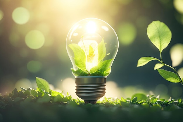 Eco friendly lightbulb from fresh leaves top view ai generative