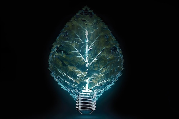 Eco friendly lightbulb with green leaf and tree of Renewable Energy Renewable energy by 2050 Carbon neutral energy Save energy creative idea concept Generative Ai