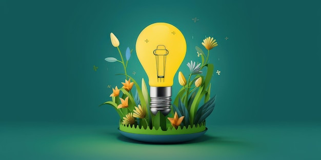 Eco friendly lightbulb with plants blue background Renewable and sustainable energy Generative AI