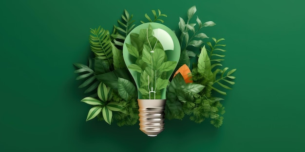 Eco friendly lightbulb with plants green background Renewable and sustainable energy Generative AI