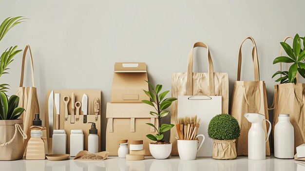 Eco friendly products and packaging on a white counter top