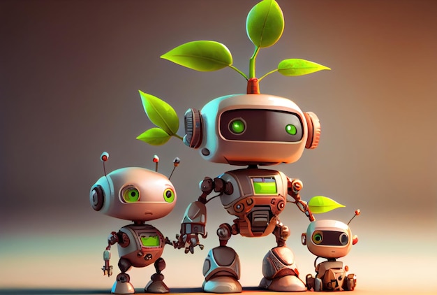 Eco friendly robot family on the ground Technology and Environment conservation concept Generative AI