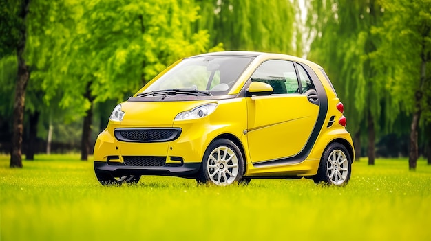 Eco friendly trip on electric vehicle EV car Small yellow electric car on landscape background