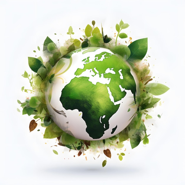 A eco green globe with leaves and the word world on it